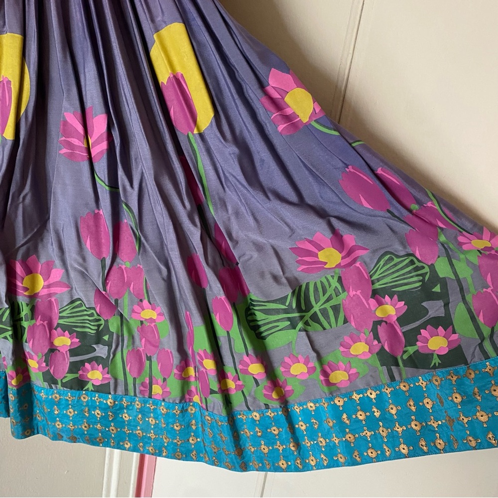 Fish Fry Anthropologie Blue and Purple Floral Midi Dress with Waist Tie in Back - Picture 5 of 6